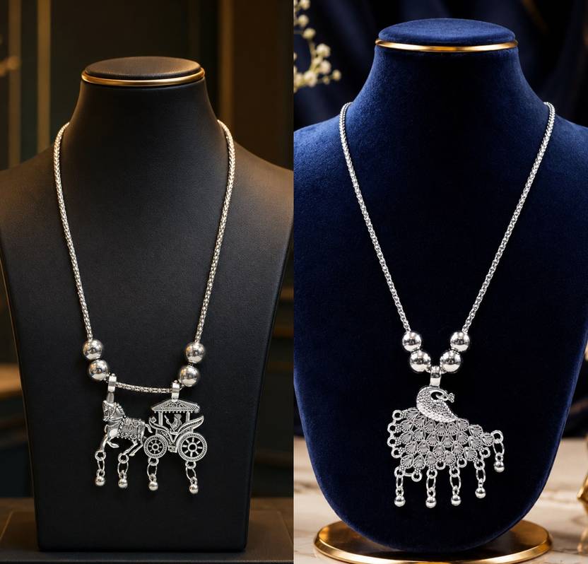 SZN Traditional Statement Necklace for Girls Silver, Black Silver Plated Alloy Necklace Set