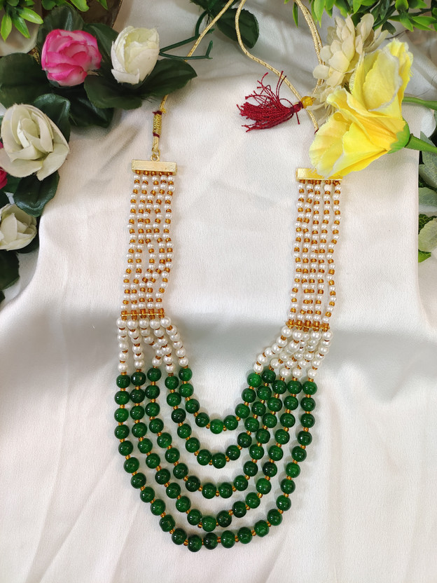 I Jewels 18K Gold Plated Indian Moti Mala Necklace Set - Green Beaded Pearl Bollywood Wedding Jewelry - View #4