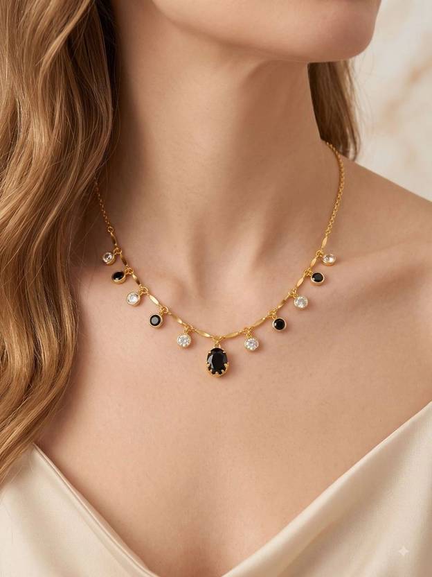 Sangria Pack of 1 Gold Plated Black & White Drop Charm Necklace for Women Diamond Gold-plated Plated Brass Necklace
