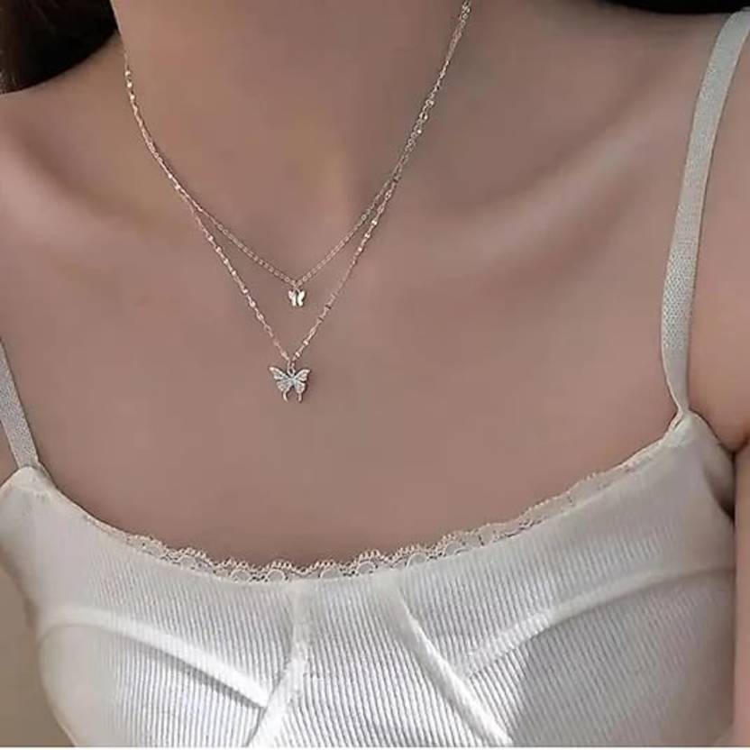 ARyee Necklace Chain Fashion Butterfly Necklace Double Layer Pendant Necklace_WSW25 Gold-plated Plated Alloy Necklace