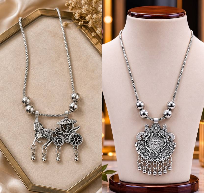 SZN Combo of 2 Oxidised Silver Ethnic Pendant Necklaces for Women Black Silver, Silver Plated Alloy Necklace Set