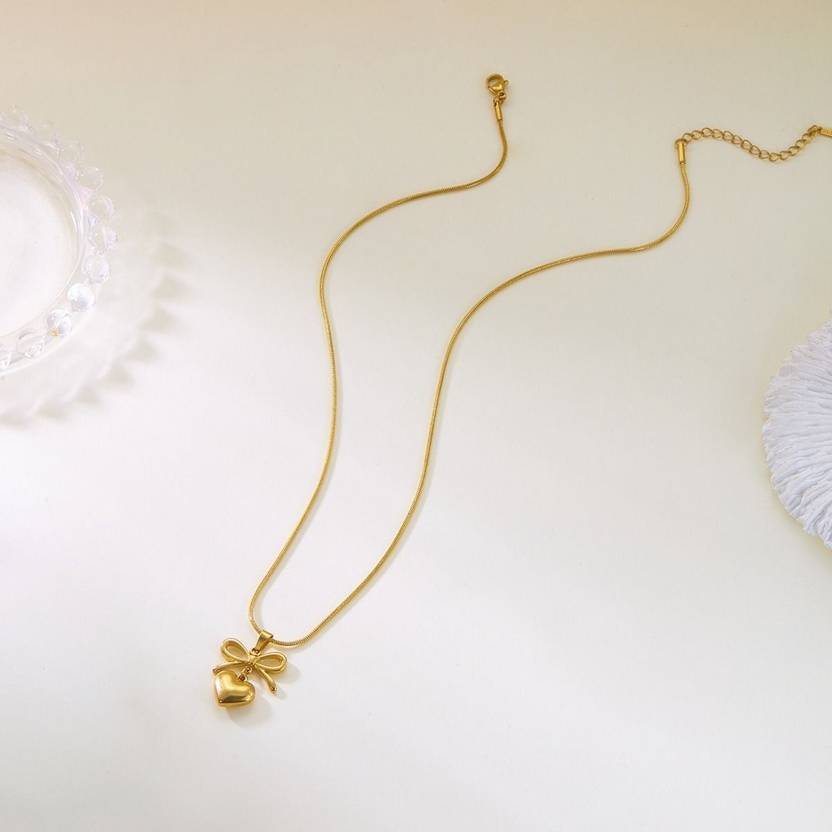 Palli Creation Bow Heart Pendent with Cascade type Anti-Tarnish Chain Gold-plated Plated Stainless Steel Necklace