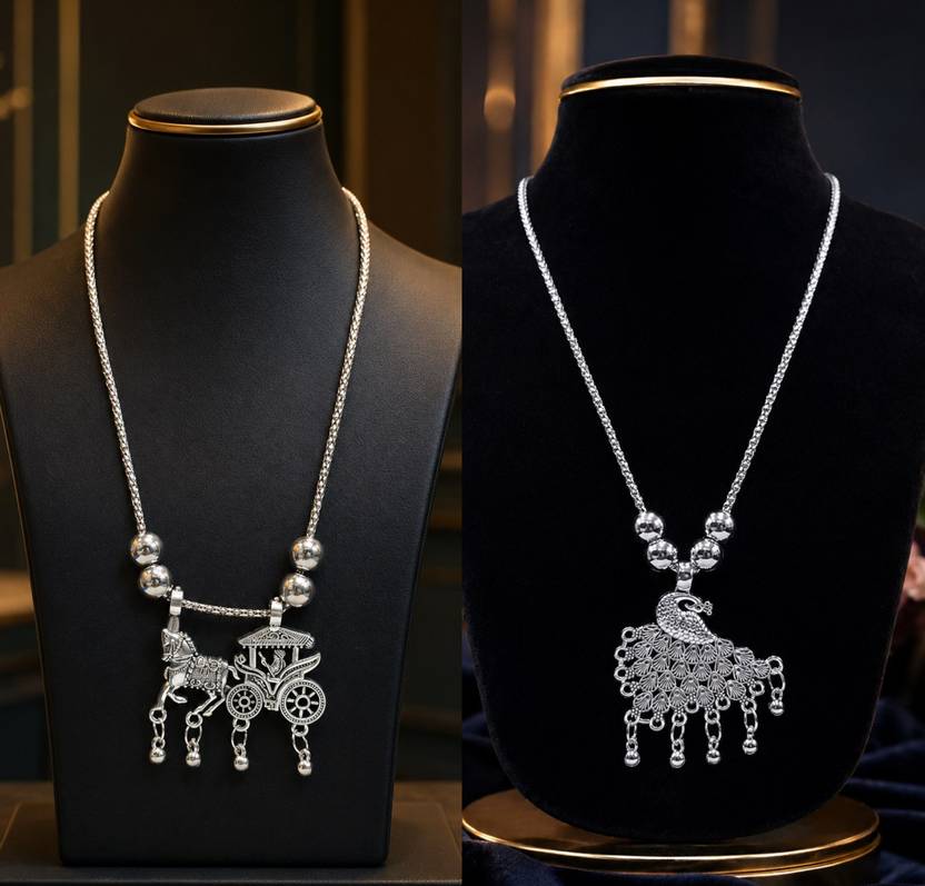 SZN Antique Silver Look Ethnic Jewellery for Girls Black Silver, Silver Plated Alloy Necklace Set