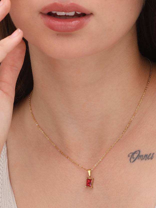 PALMONAS Ruby Red Stone Necklace Cubic Zirconia Gold-plated Plated Stainless Steel Chain Set