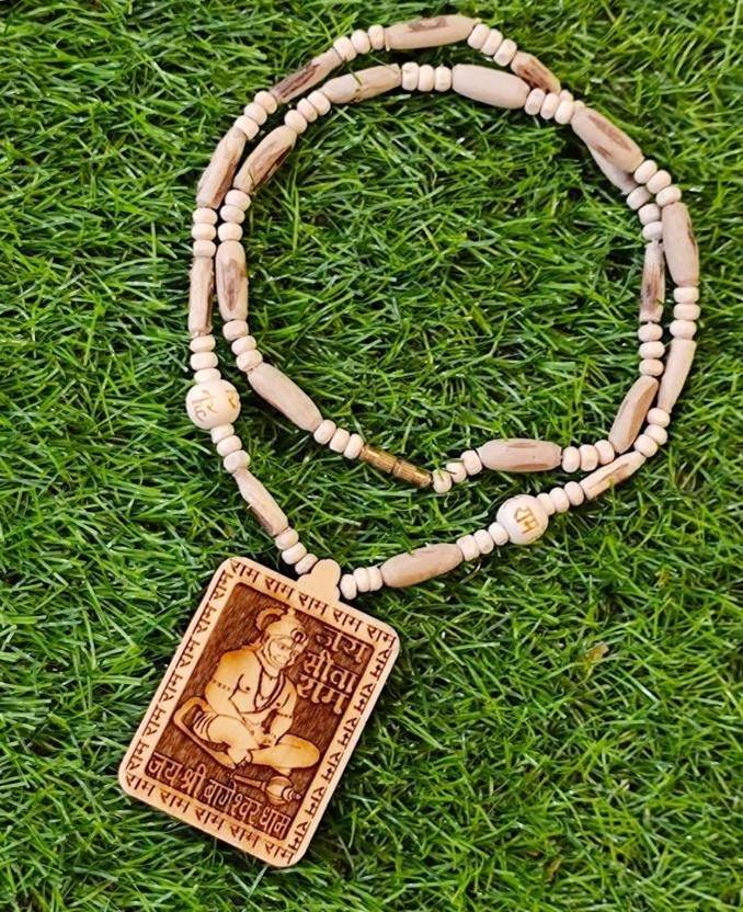 Green Spiritual "SHRI BAGESHWAR DHAM" Hanuman Pendant Tulasi Mala | "JAI SITARAM" Wood Chain