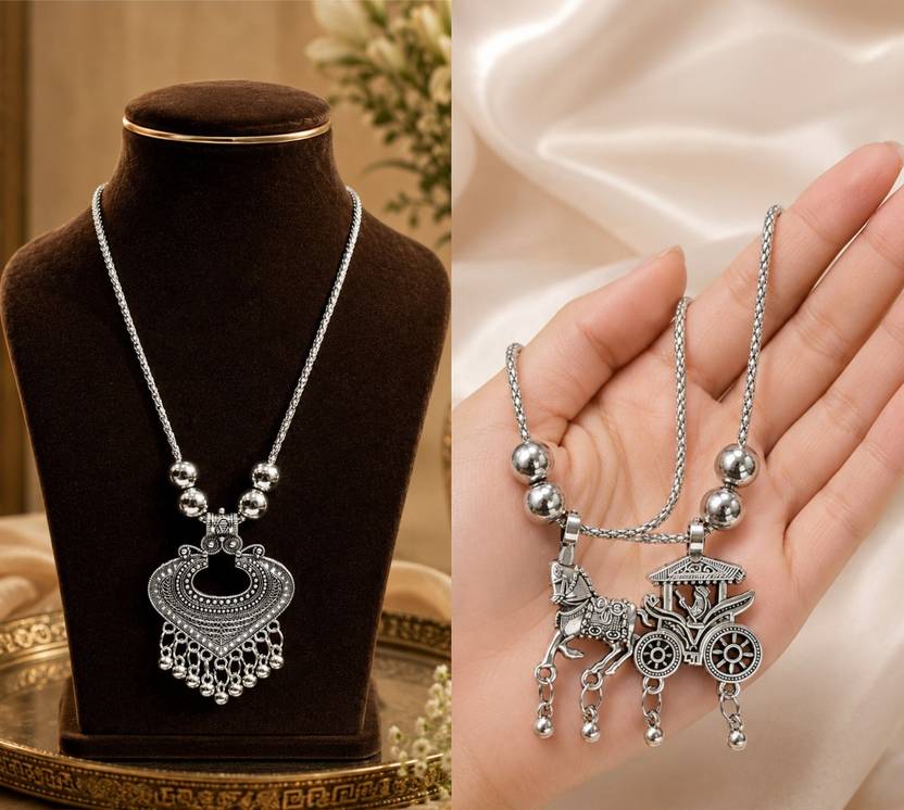 SZN Set of 2 Traditional Oxidised Silver Pendant Necklaces for Women Black Silver, Silver Plated Alloy Necklace Set