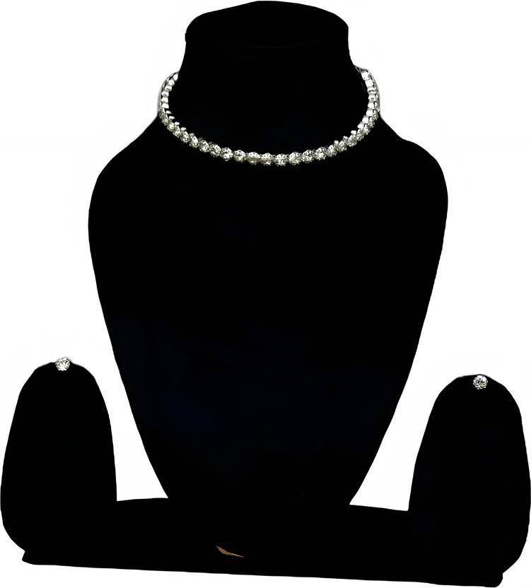 Stylish Single line Choker, Necklace and Earrings Set, Silver Diamond Brass Plated Oxidised Silver, Crystal, Glass Necklace Set