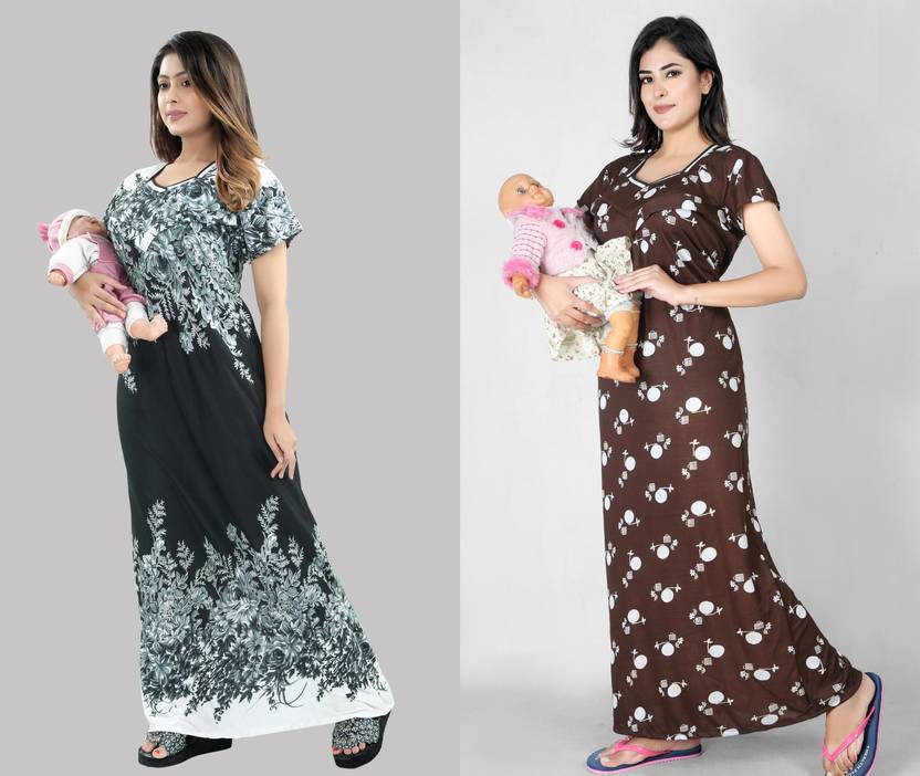 Pack of 2 Women Maternity/Nursing Nighty  (Multicolor)