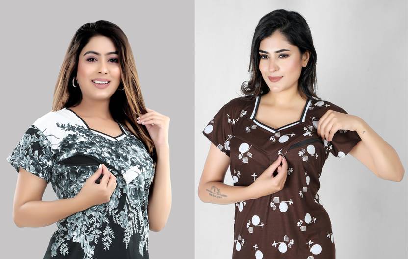 Pack of 2 Women Maternity/Nursing Nighty  (Multicolor)