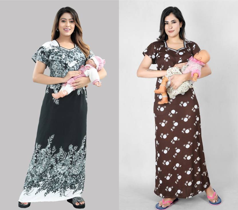 Pack of 2 Women Maternity/Nursing Nighty  (Multicolor)