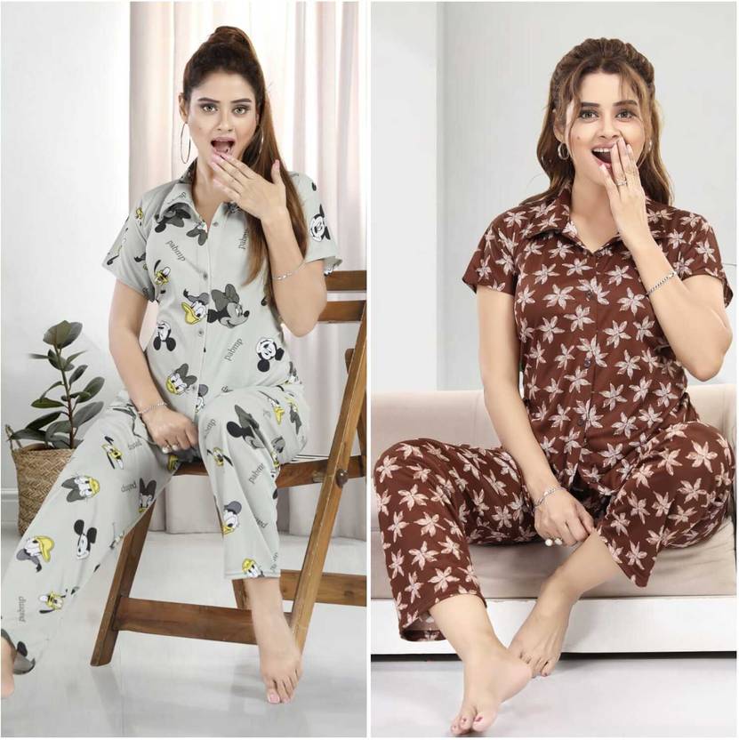 capasino Women Night Suit Set Brown Printed