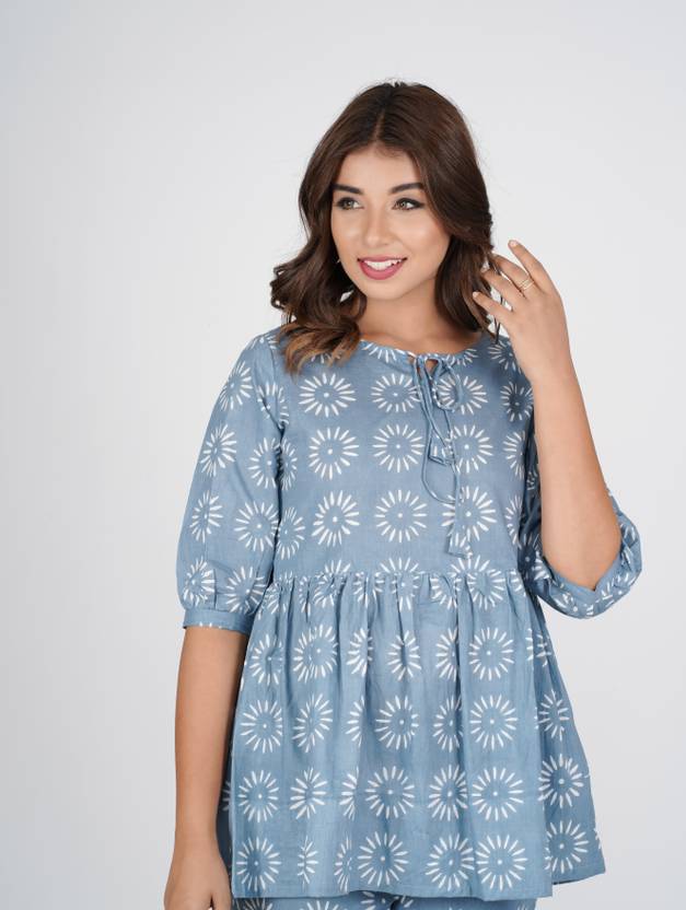 Women Night Suit Set Grey Printed