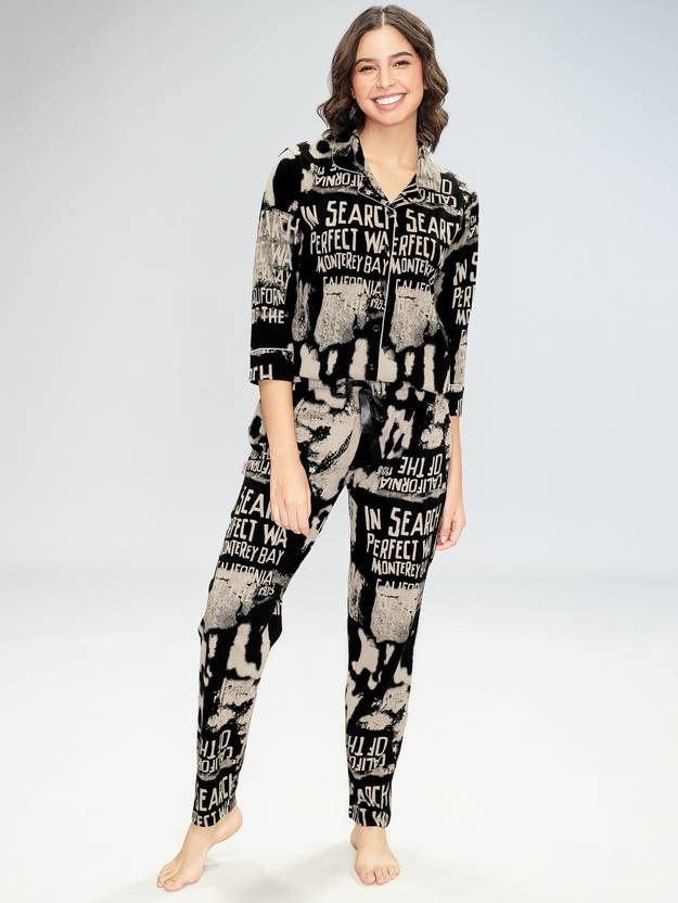 LOTIK Women Geometric Print Black Shirt & Pyjama set