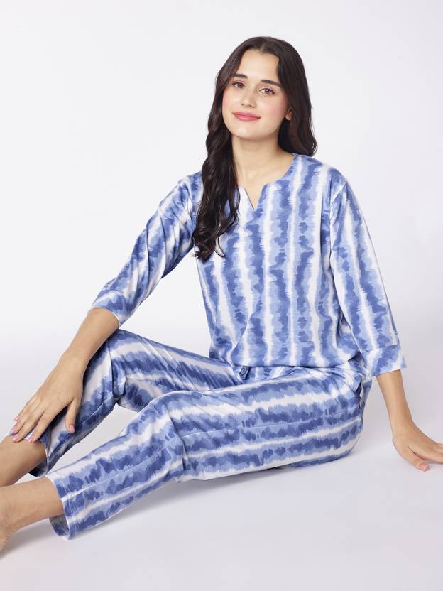 Beebelle Women Top & Pyjama Set Blue Striped