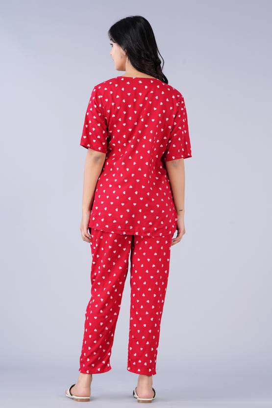 Women Night Suit Set Red Printed