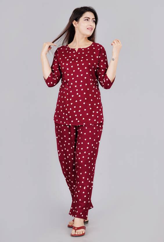 Women Top & Pyjama Set Maroon Printed
