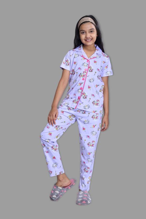 Zuniors-SSC Girls Graphic Print Purple Shirt & Pyjama set