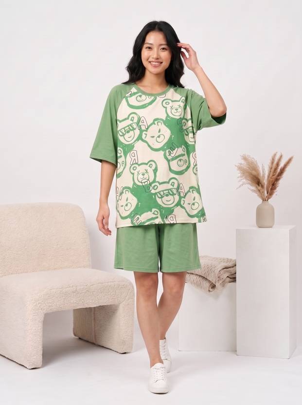 Lugo Women Night Suit Set Green Printed