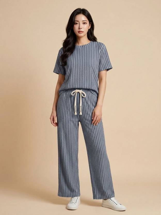 Lugo Women Striped Grey Night Suit Set