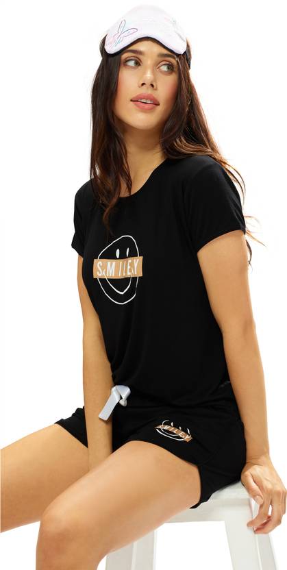 LOTIK Women Printed Black Top & Shorts Set