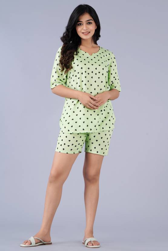 Women Night Suit Set Light Green Printed