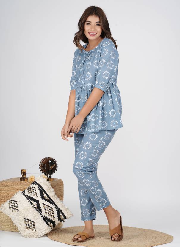 Women Night Suit Set Grey Printed