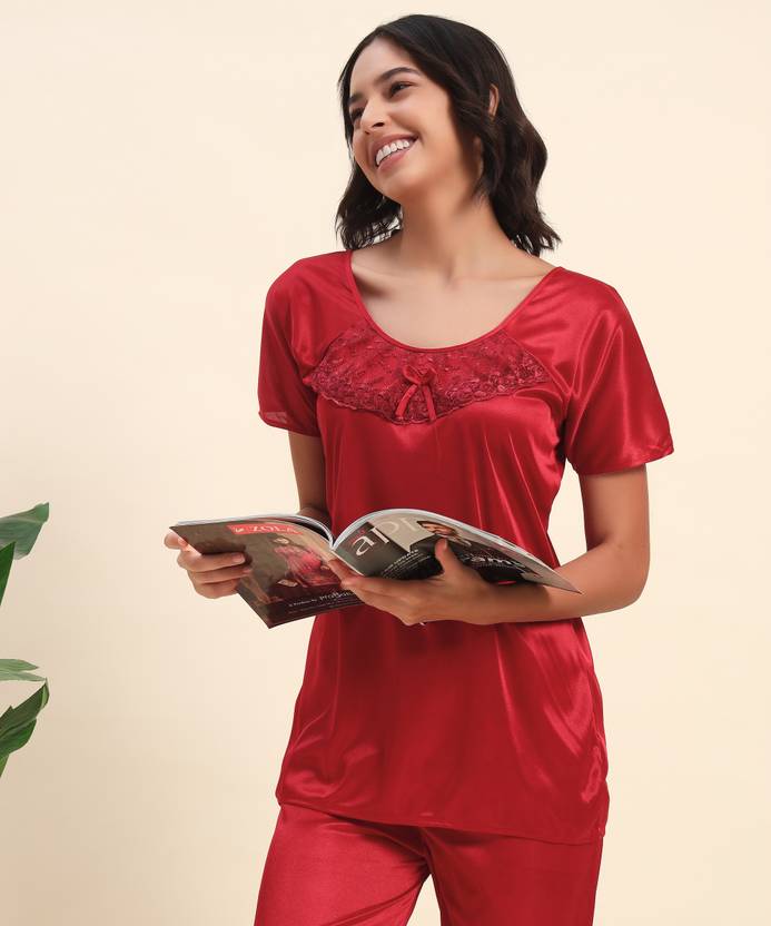 CANBLAR Women Printed Red Night Suit Set