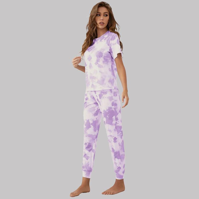 Women Night Suit Set Purple Printed