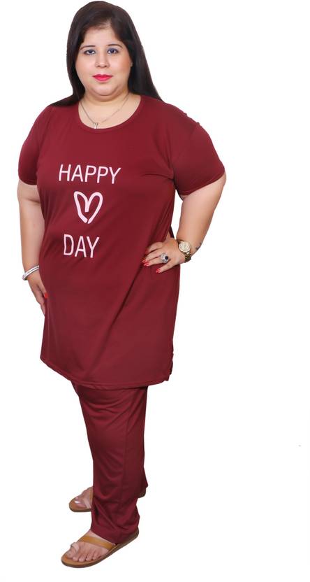 Women Night Suit Set Maroon Printed