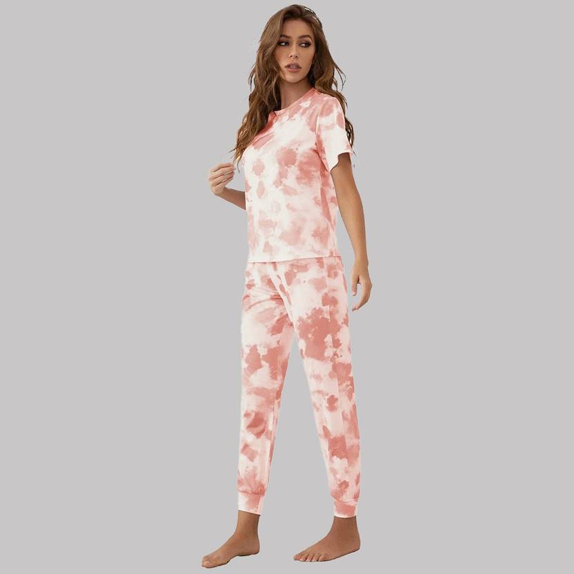 Women Night Suit Set Orange Printed