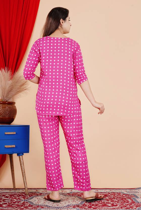 Women Top & Pyjama Set Pink Printed
