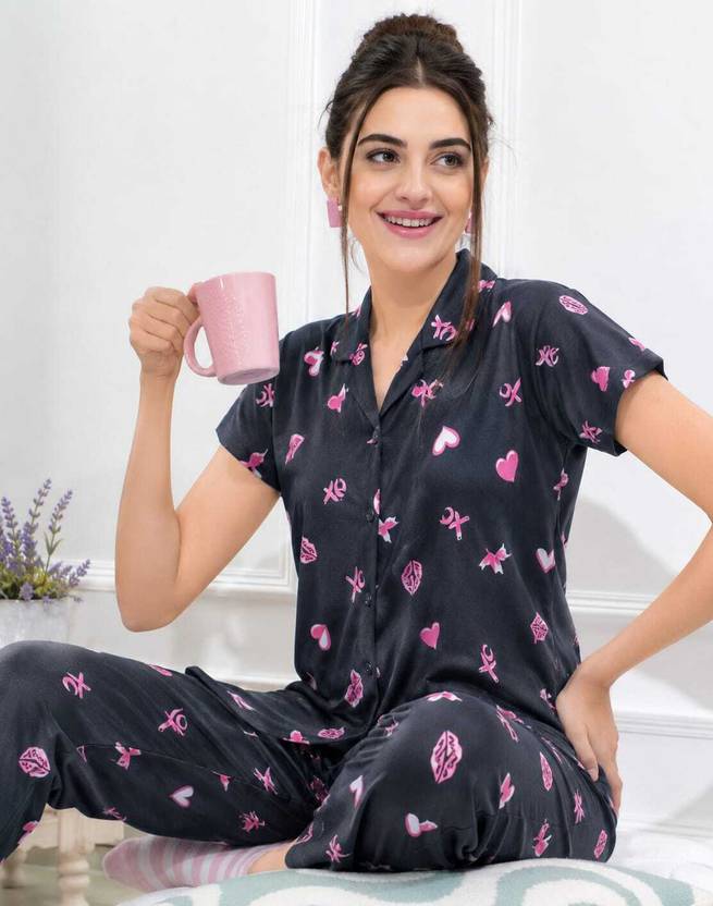 AATWANIS Women Printed Black Shirt & Pyjama set