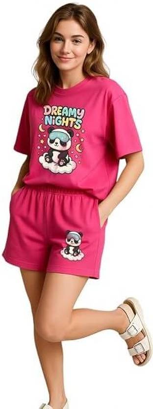 girlsify Women Top & Shorts Set Pink Printed