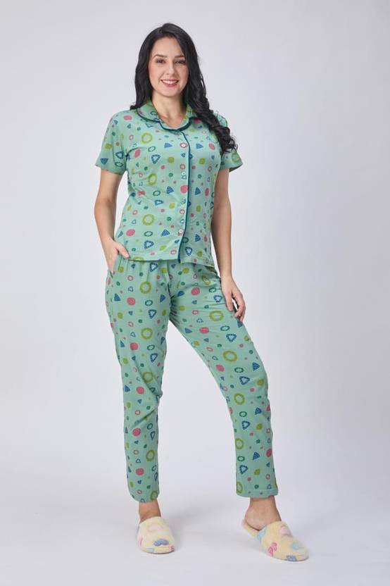 Aeronyx Women Printed Green Night Suit Set