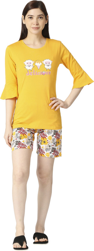 Tfv Women Characters Yellow Top & Shorts Set
