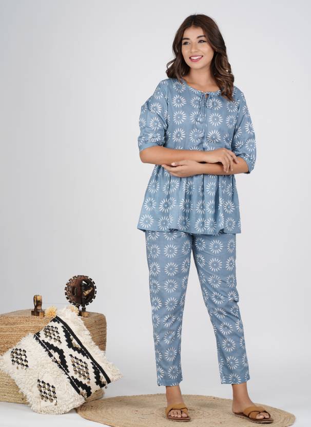 Women Night Suit Set Grey Printed