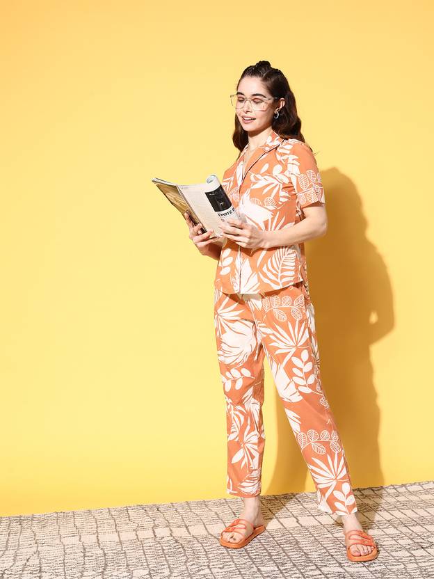 Sanskrutihomes Women Printed Orange Night Suit Set