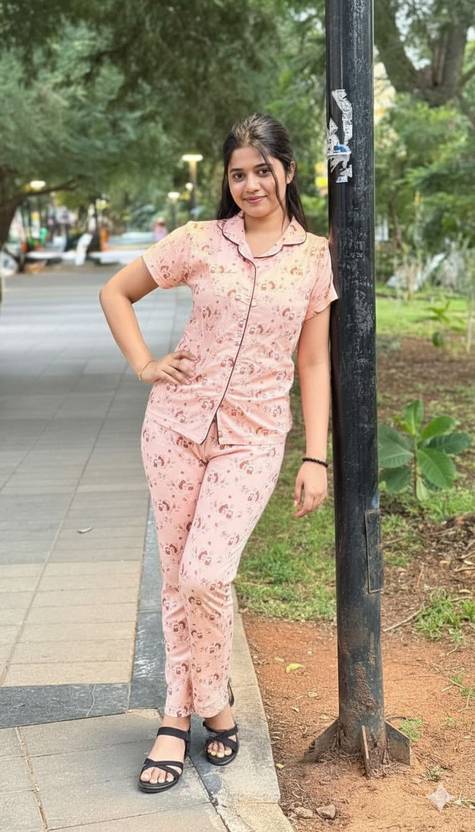 Aeronyx Women Graphic Print Beige Night Suit Set