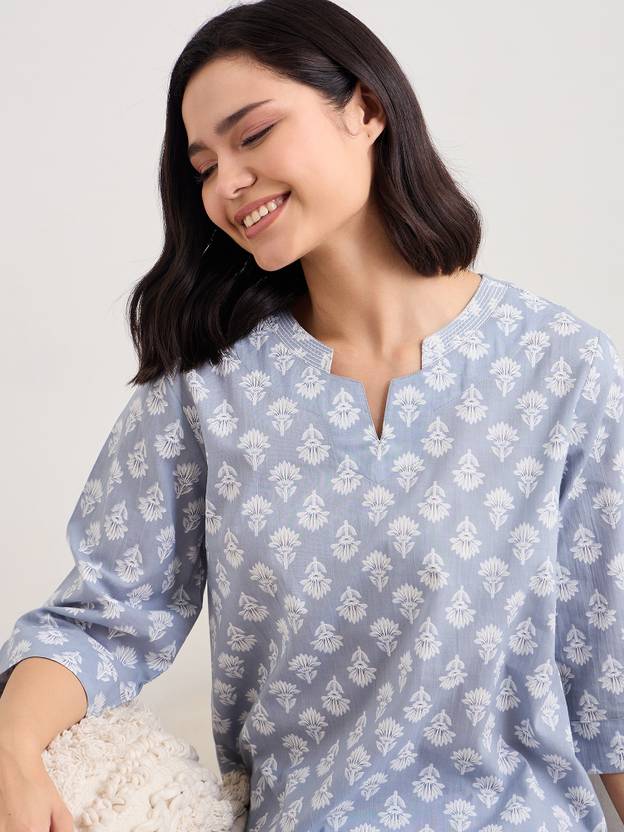 July Women Top & Pyjama Set Grey Floral Print, Printed