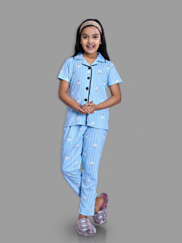 Zuniors-SSC Girls Graphic Print Blue Shirt & Pyjama set