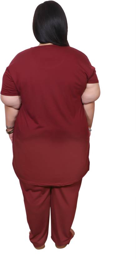 Women Night Suit Set Maroon Printed