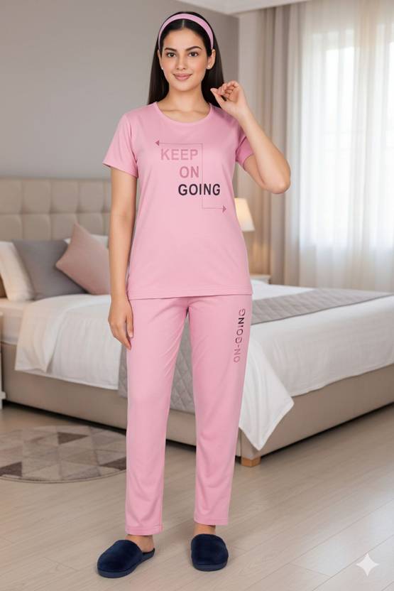 AWIBE Women Night Suit Set Pink Printed