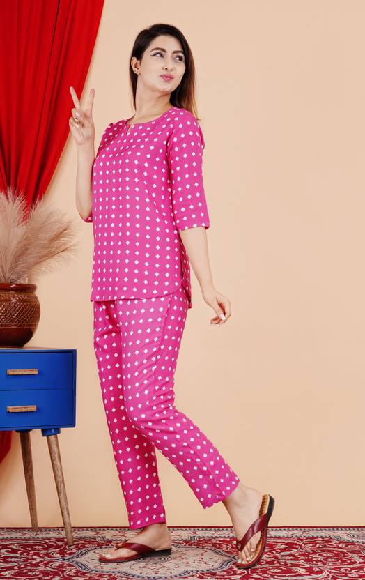 Women Top & Pyjama Set Pink Printed