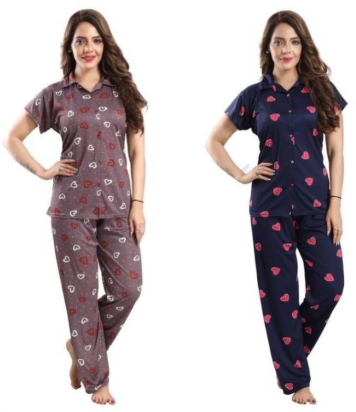 Women Shirt & Pyjama set Multicolor, Blue Printed