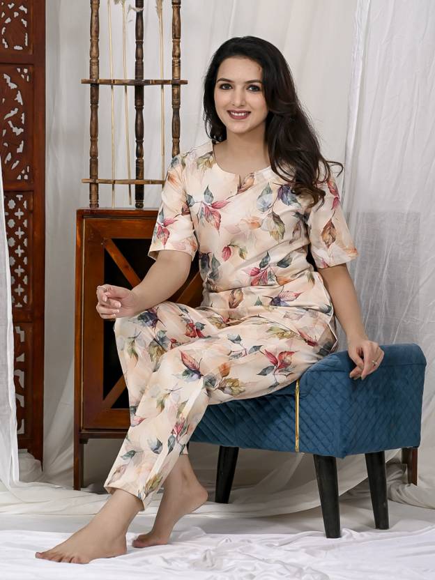 GORDHAN Women Top & Pyjama Set Beige Floral Print
