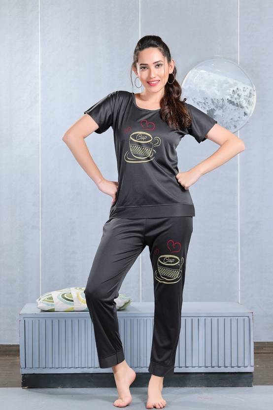 ZAIRRA Women Night Suit Set Grey Printed