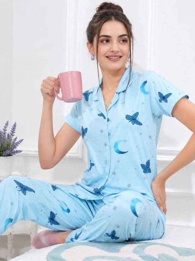 AATWANIS Women Printed Blue Shirt & Pyjama set