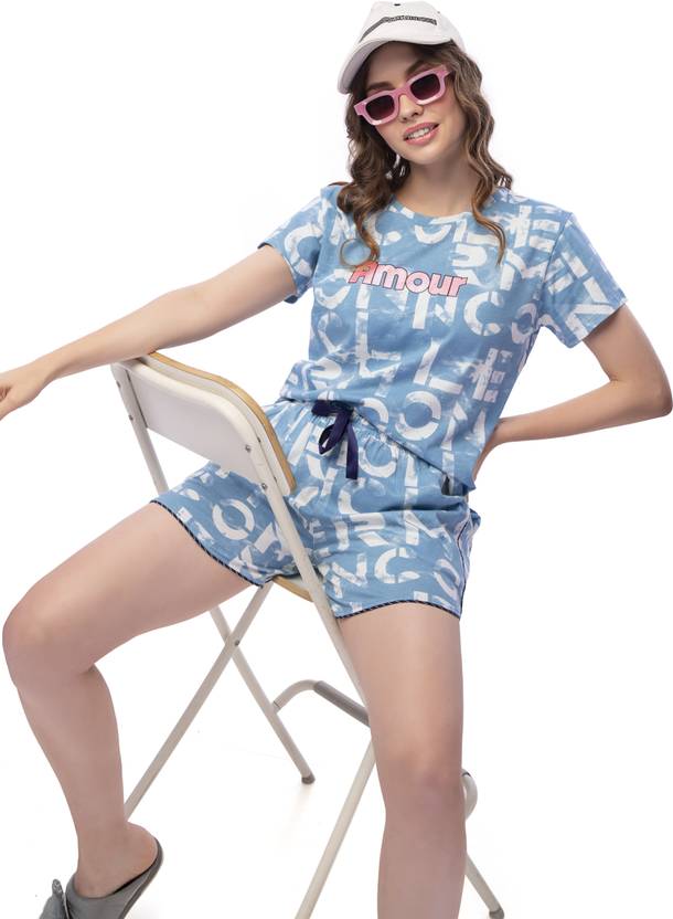 LOTIK Women Geometric Print Light Blue Top & Shorts Set