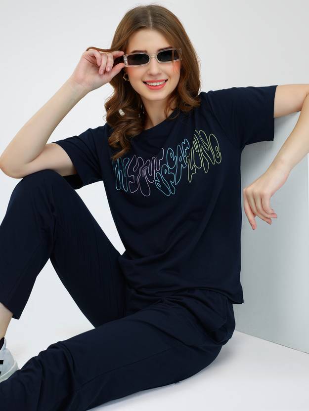 Women Top & Pyjama Set Blue Printed, Solid