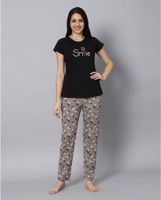 DZZO Women Printed Black, Grey Top & Pyjama Set